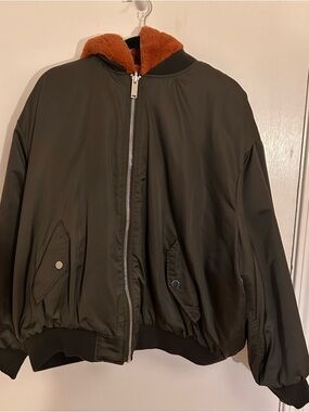 Zara Olive Green and Rust Faux Fur Reversible Bomber Jacket with Hood